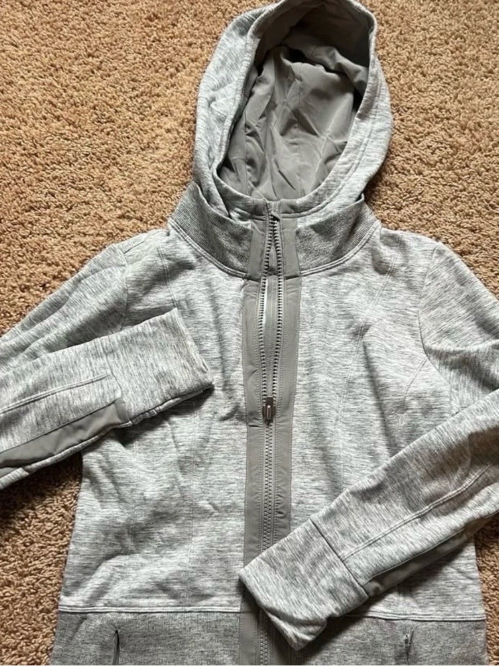 Athleta Zip Up Jacket Hood Thumb Holes Heathered Grey Womens Medium